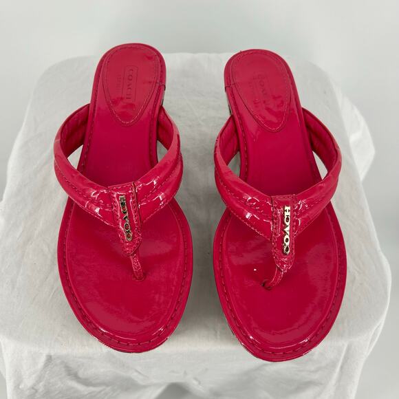 VTG y2k Women's Pink Khaki COACH Nella Signature Monogram Wedge Sandals 7.5M - Picture 2 of 8